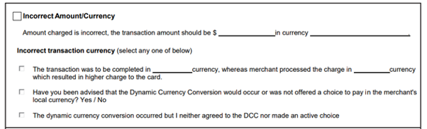 Sample dispute form from Citibank